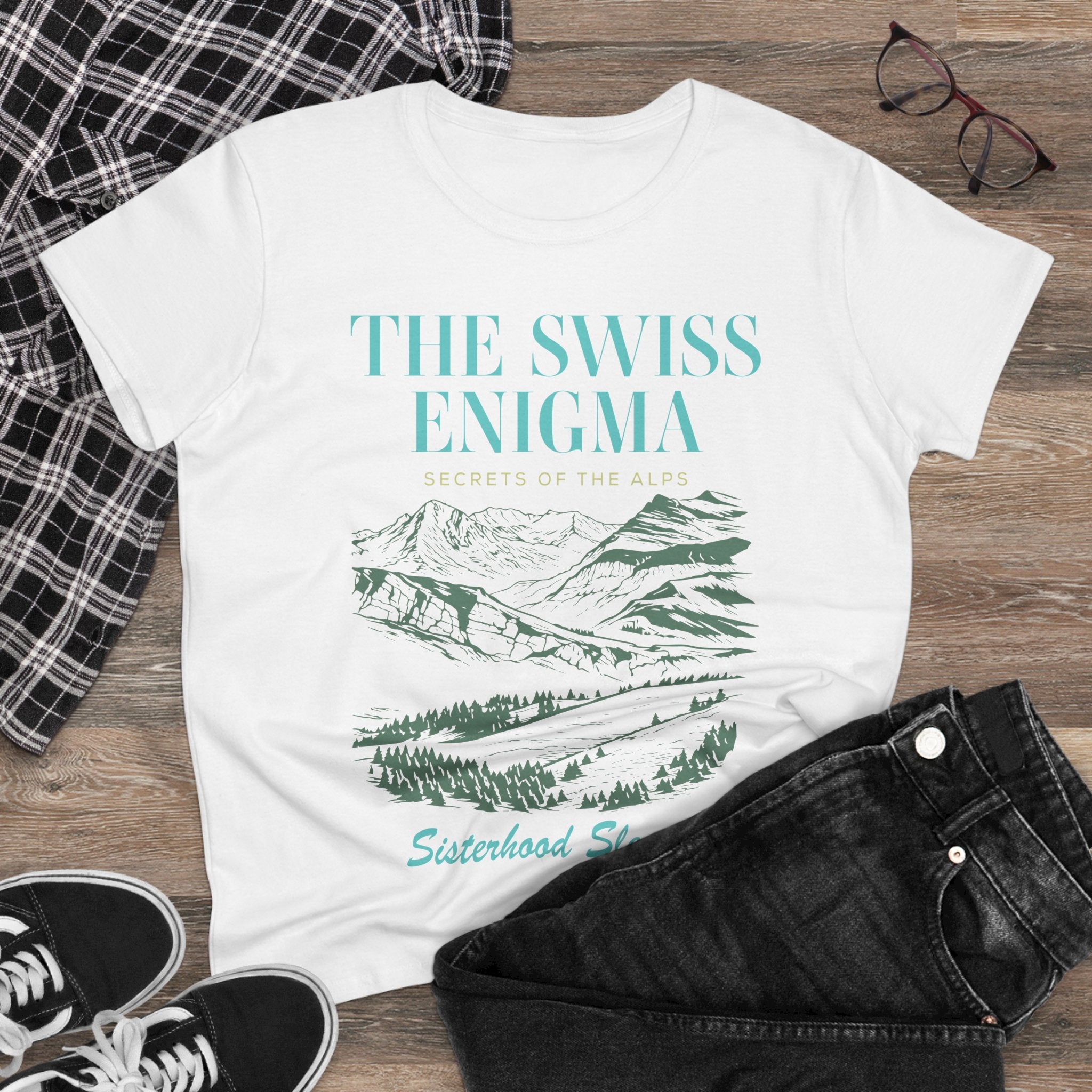 The Swiss Enigma Mountain Tee – 'Sisterhood Sleuths' Women's Graphic T-Shirt