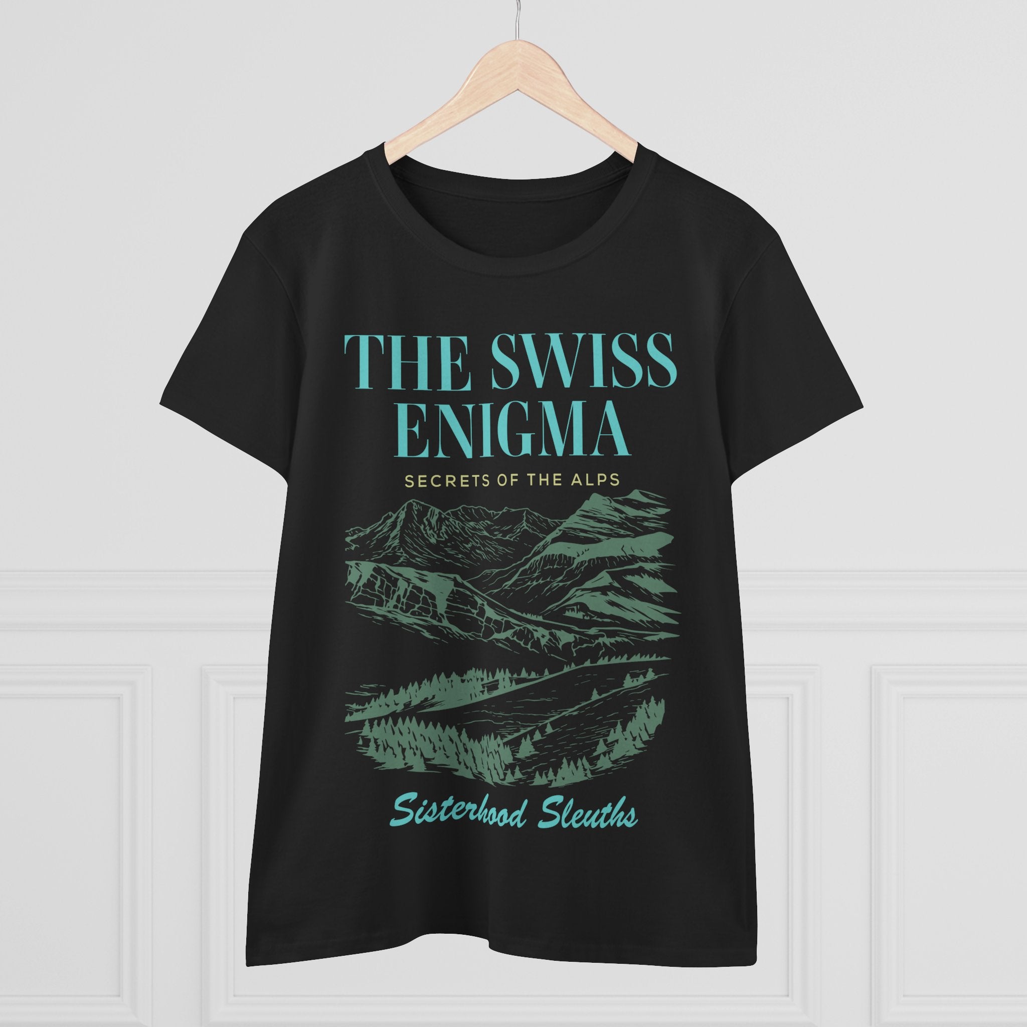 The Swiss Enigma Mountain Tee – 'Sisterhood Sleuths' Women's Graphic T-Shirt