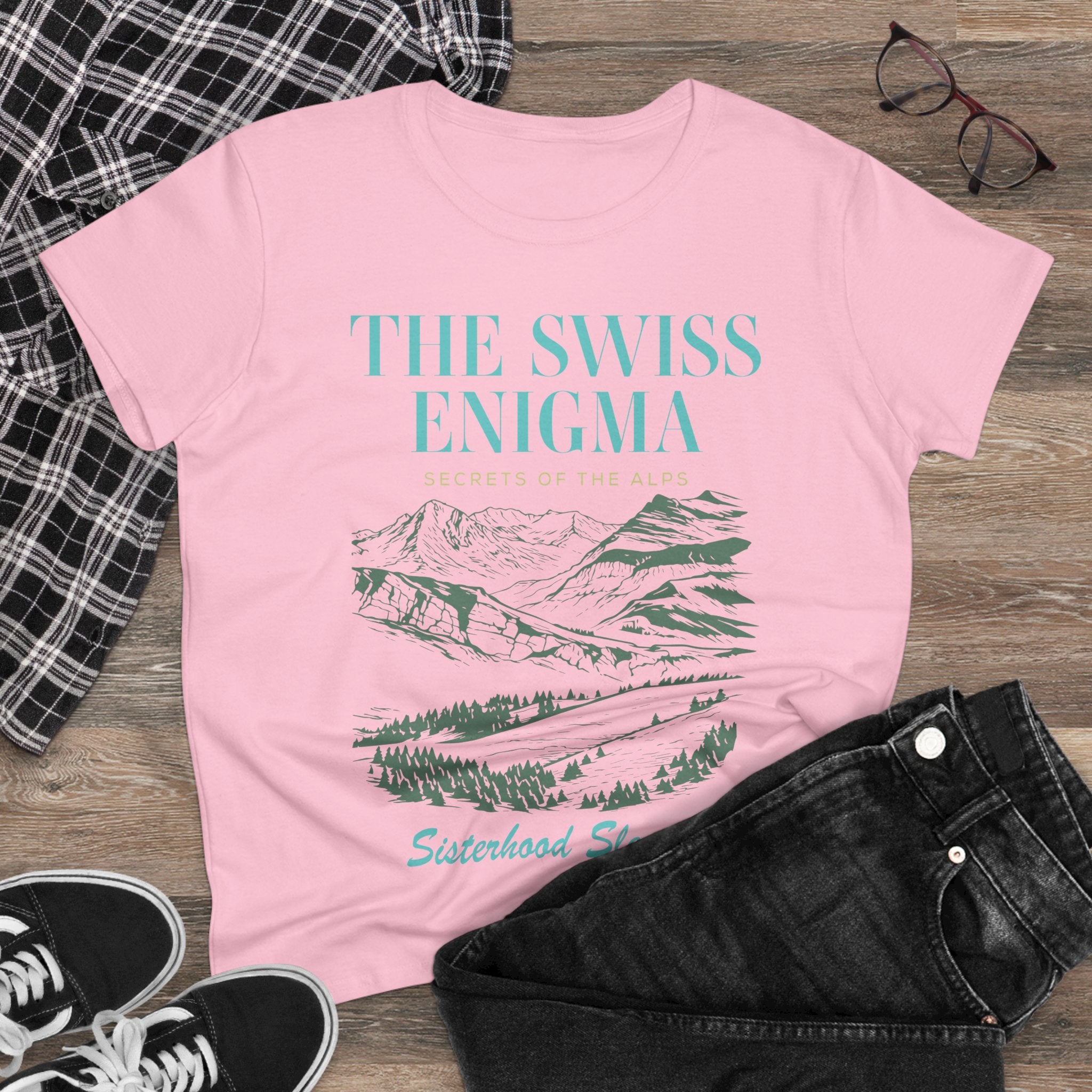 The Swiss Enigma Mountain Tee – 'Sisterhood Sleuths' Women's Graphic T-Shirt