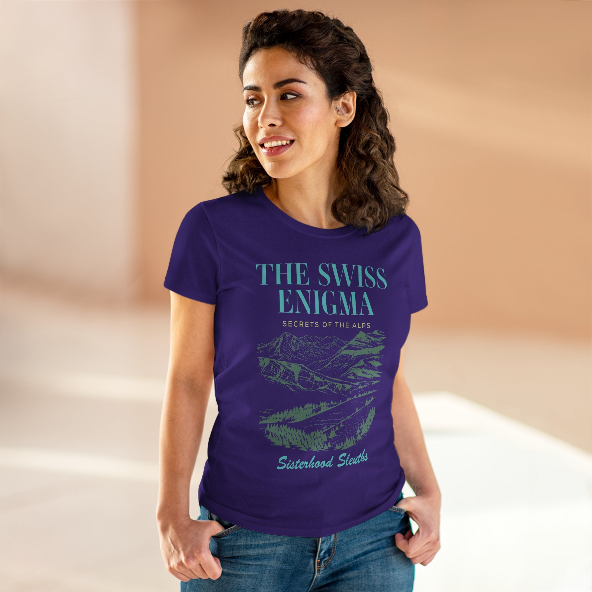 The Swiss Enigma Mountain Tee – 'Sisterhood Sleuths' Women's Graphic T-Shirt