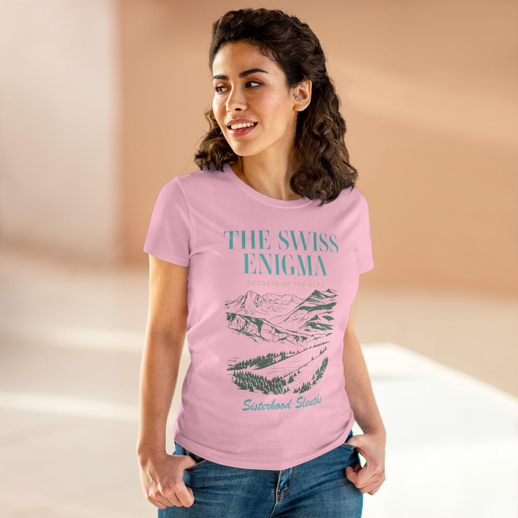 The Swiss Enigma Mountain Tee – 'Sisterhood Sleuths' Women's Graphic T-Shirt