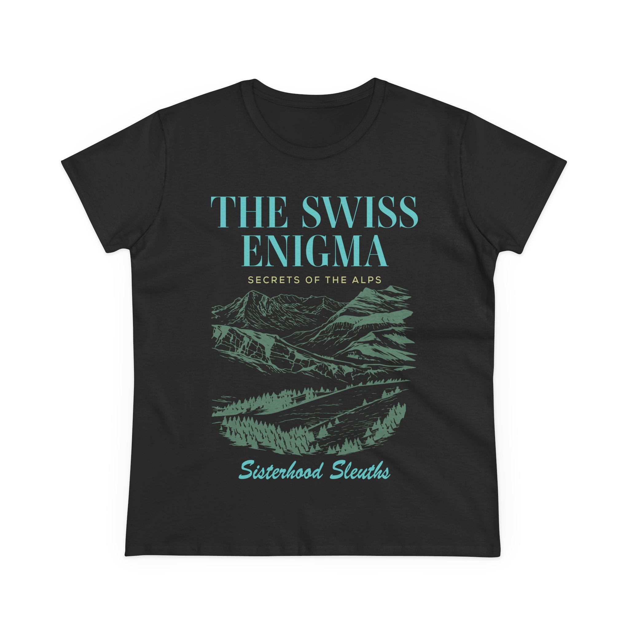 The Swiss Enigma Mountain Tee – 'Sisterhood Sleuths' Women's Graphic T-Shirt
