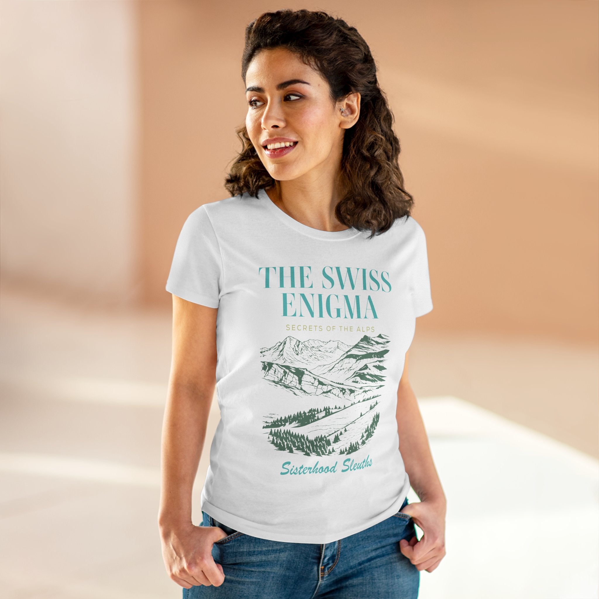 The Swiss Enigma Mountain Tee – 'Sisterhood Sleuths' Women's Graphic T-Shirt