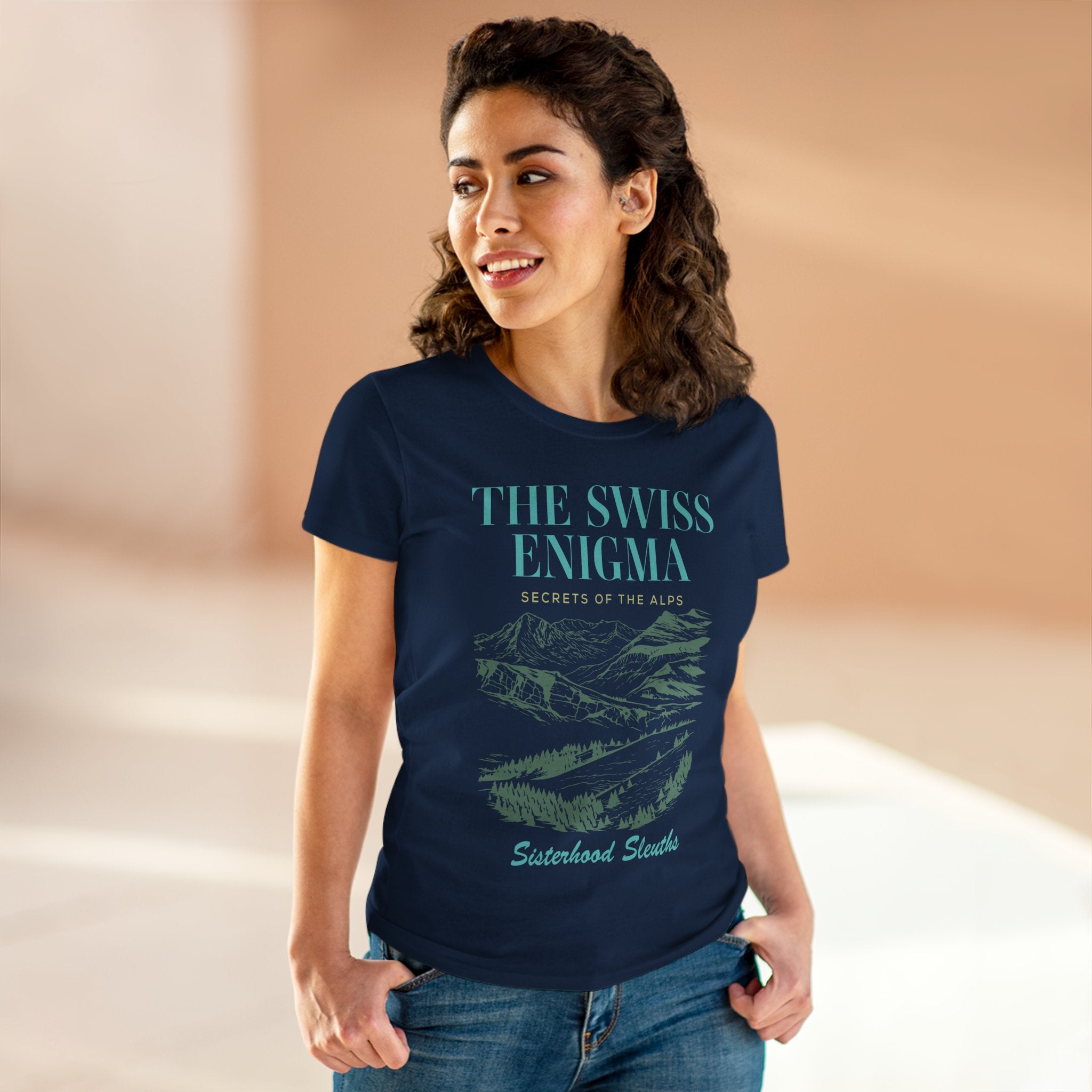The Swiss Enigma Mountain Tee – 'Sisterhood Sleuths' Women's Graphic T-Shirt