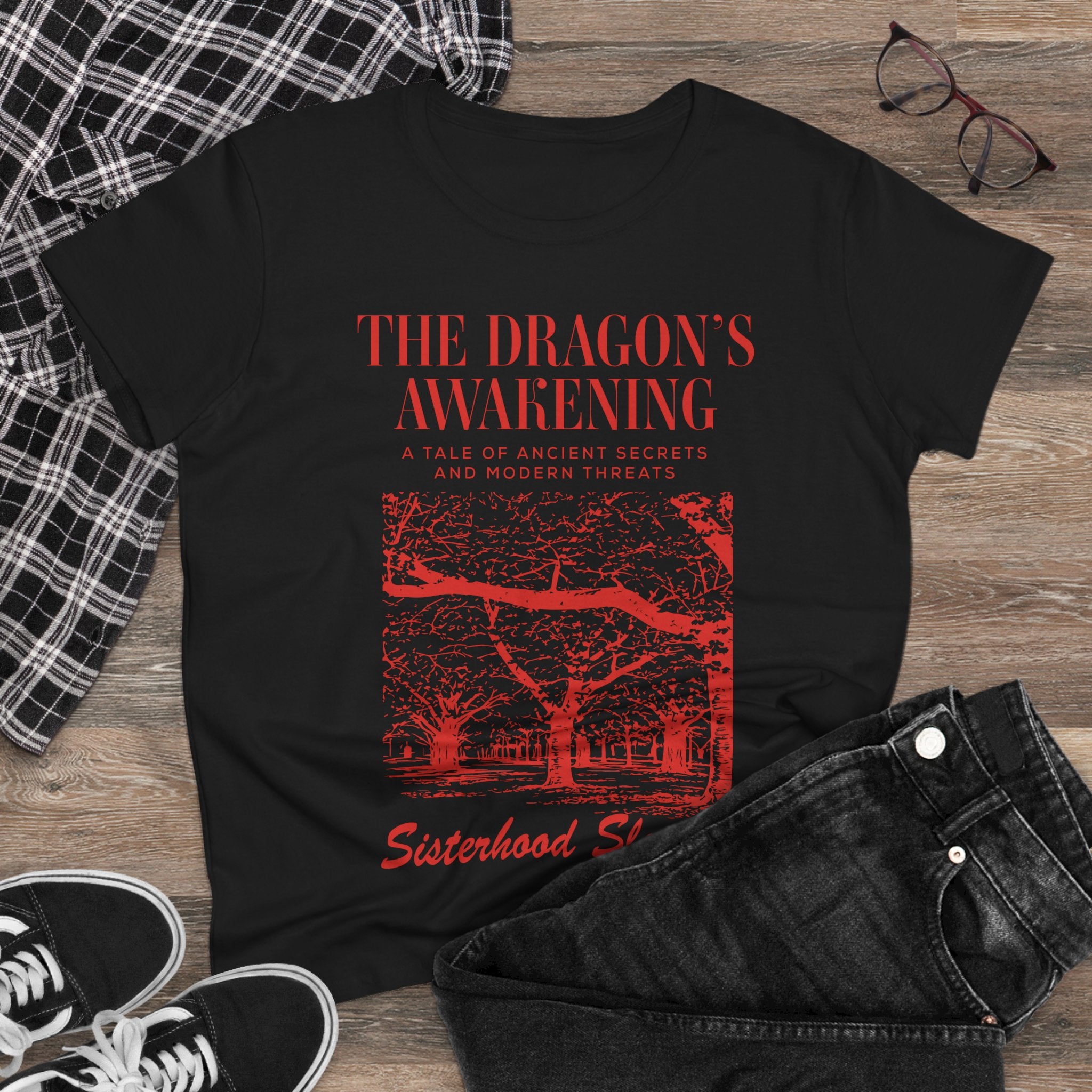 The Dragon’s Awakening Sisterhood Sleuths Tee — Vintage Mystery Book Cover Graphic Shirt