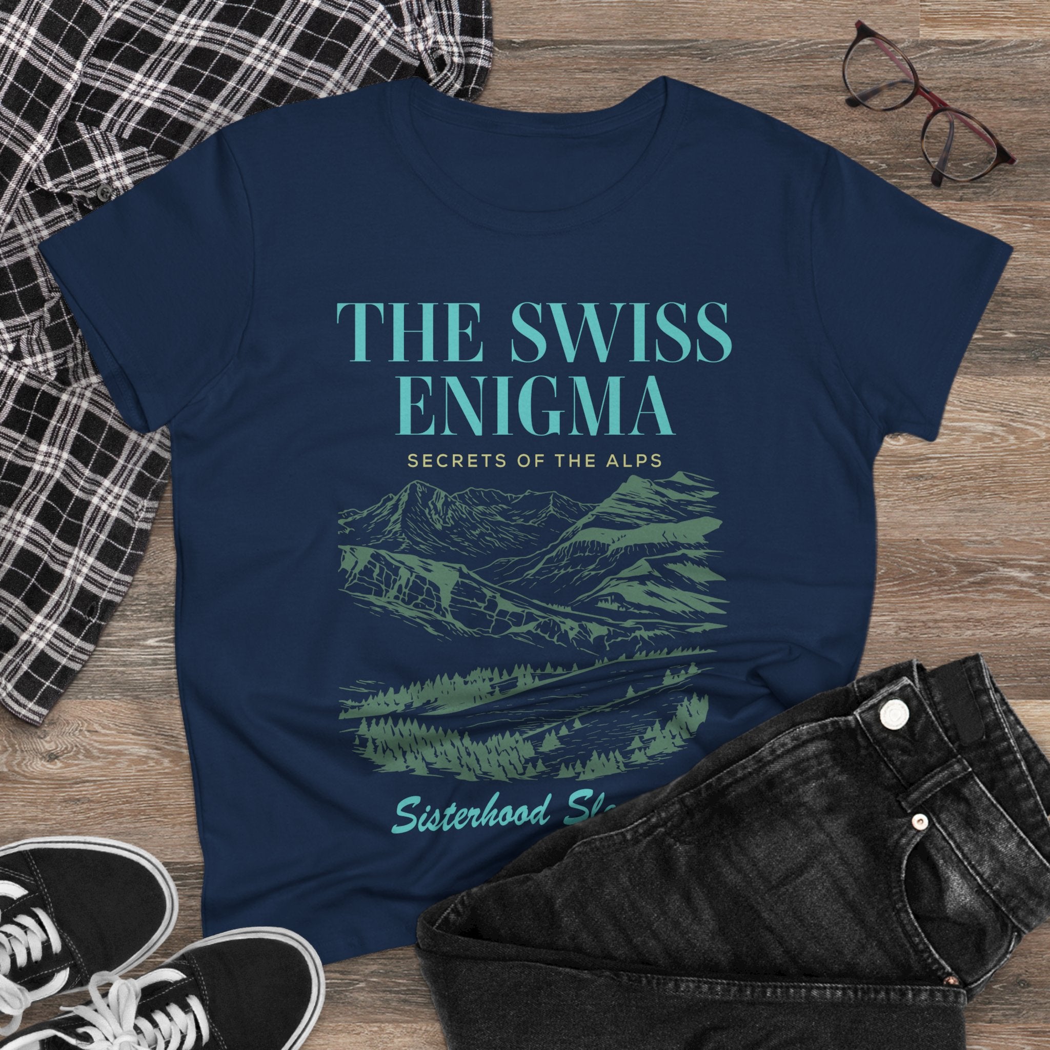The Swiss Enigma Mountain Tee – 'Sisterhood Sleuths' Women's Graphic T-Shirt