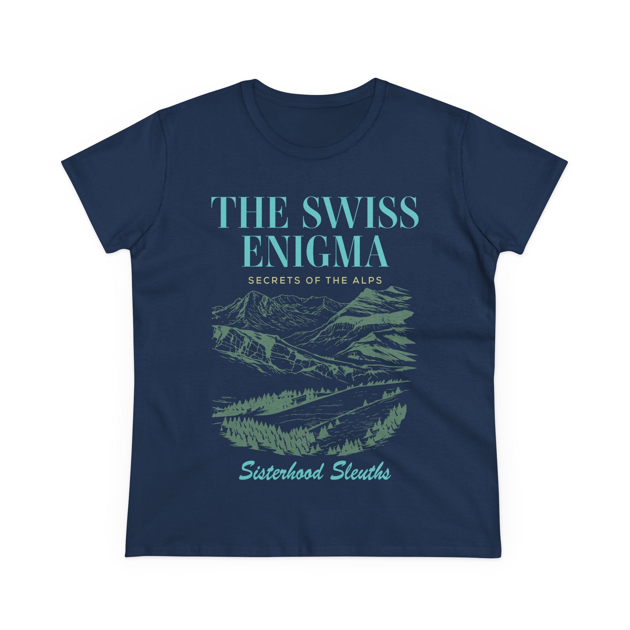 The Swiss Enigma Mountain Tee – 'Sisterhood Sleuths' Women's Graphic T-Shirt