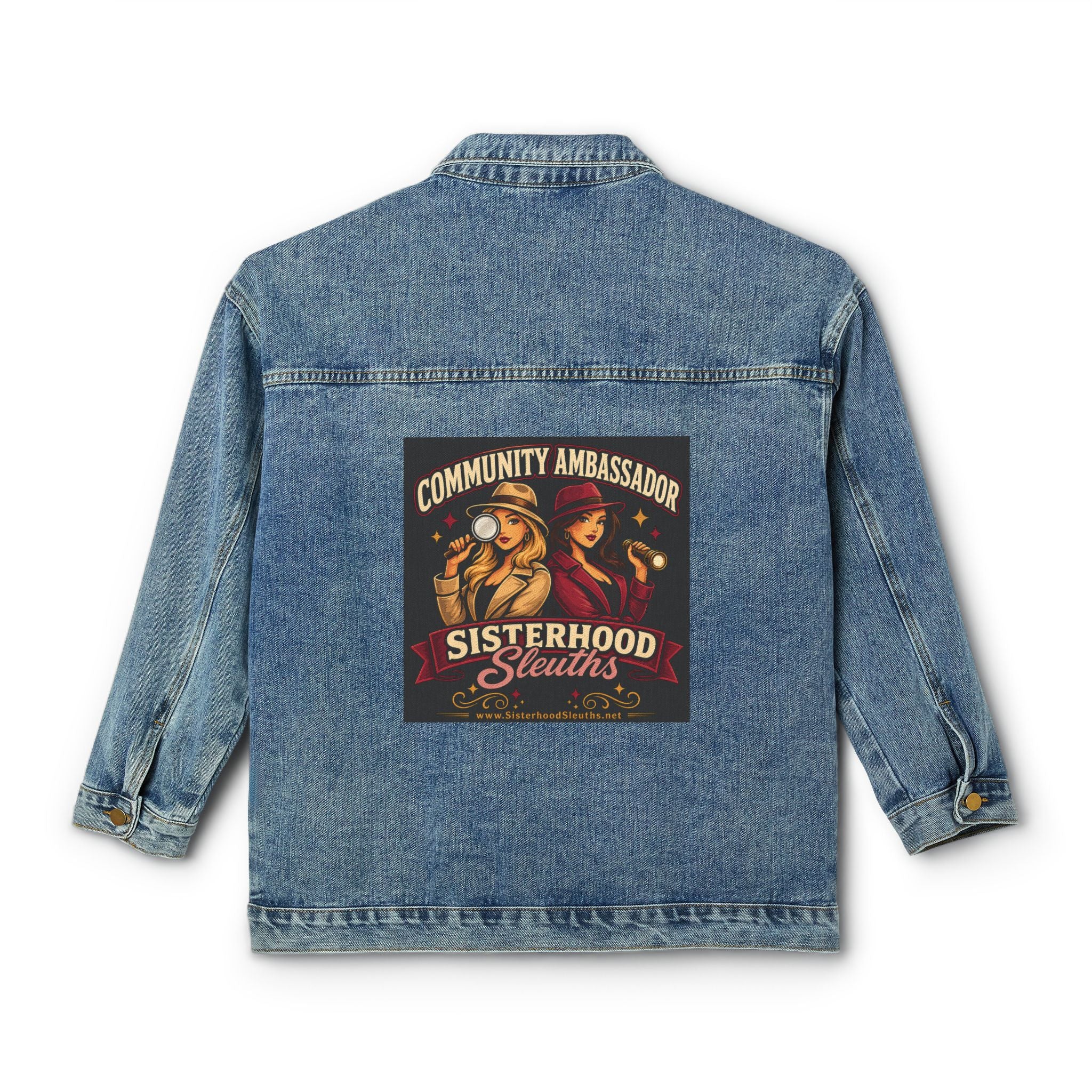 Women's Denim Jacket — "Sisterhood Sleuths" Community Ambassador Graphic Jacket