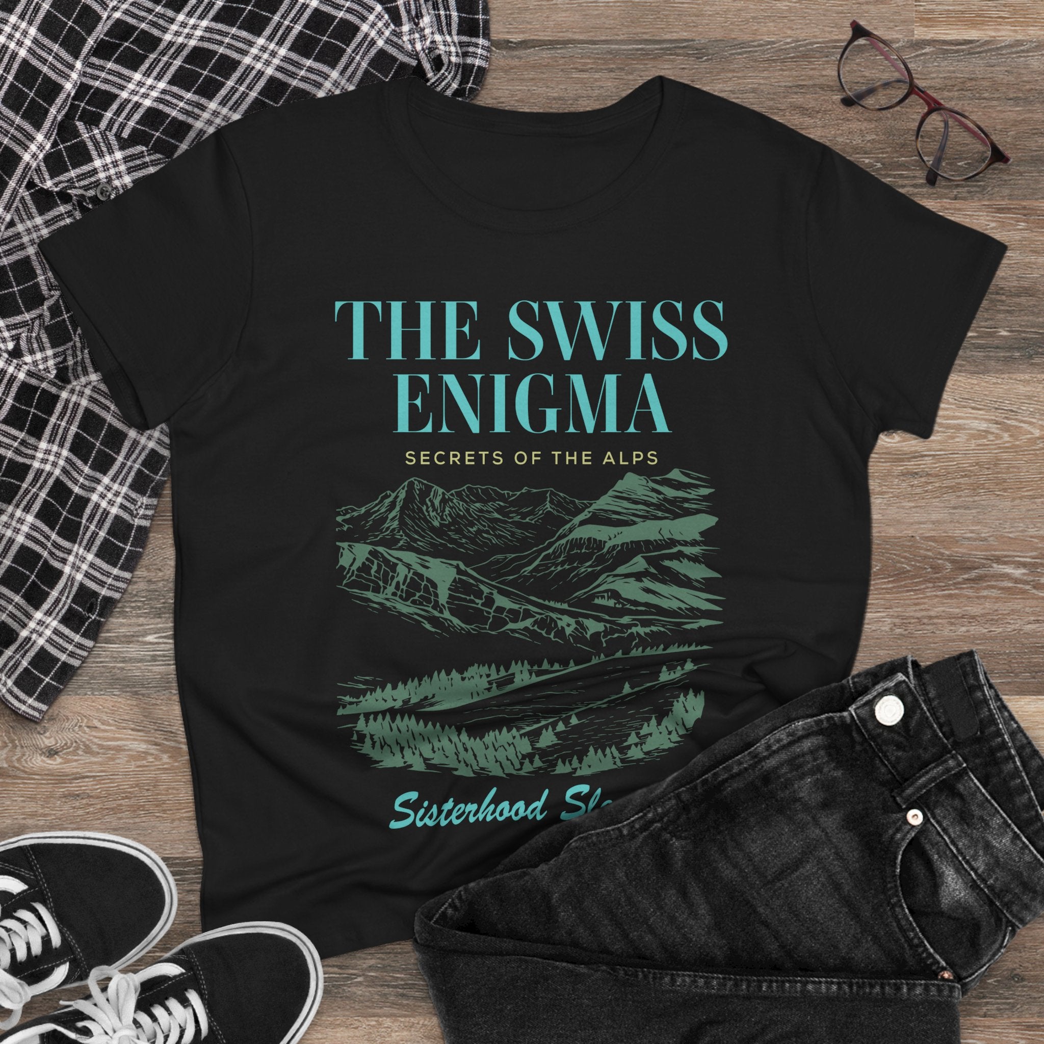 The Swiss Enigma Mountain Tee – 'Sisterhood Sleuths' Women's Graphic T-Shirt