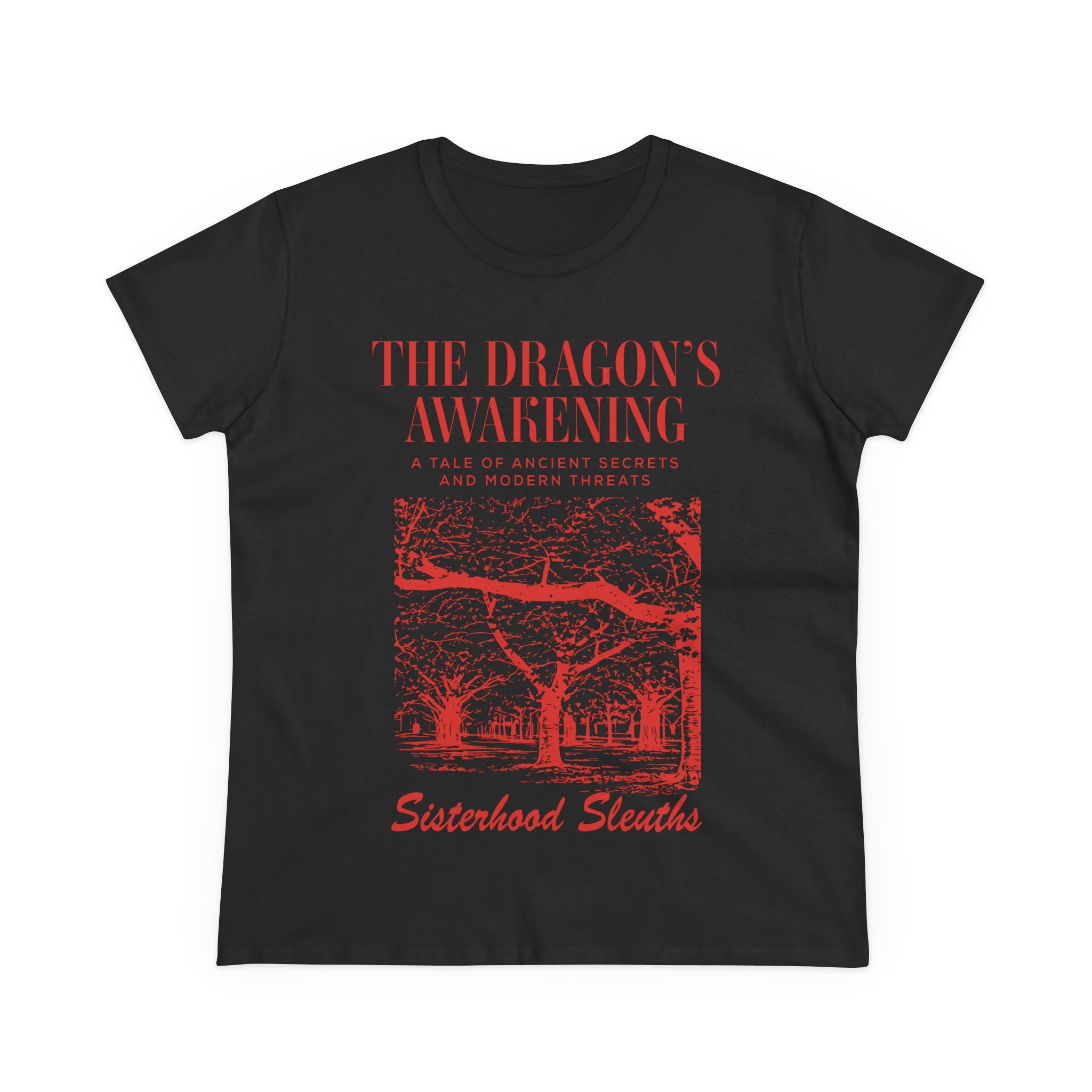 The Dragon’s Awakening Sisterhood Sleuths Tee — Vintage Mystery Book Cover Graphic Shirt