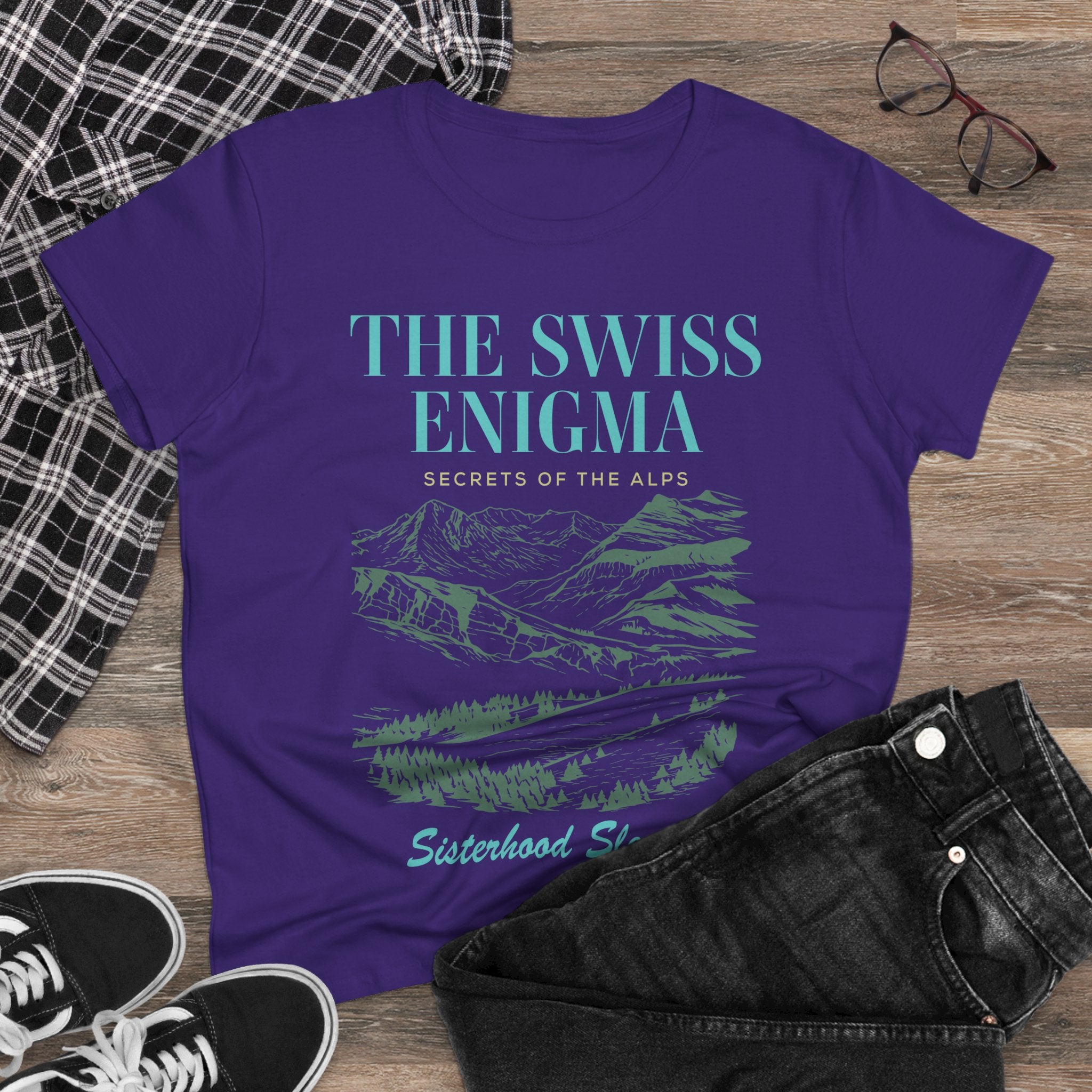 The Swiss Enigma Mountain Tee – 'Sisterhood Sleuths' Women's Graphic T-Shirt